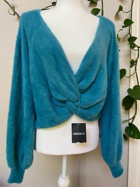 Cozy Teal Fuzzy Women's Sweater with Twist Knot. Forever 21, Sz M. New with tags